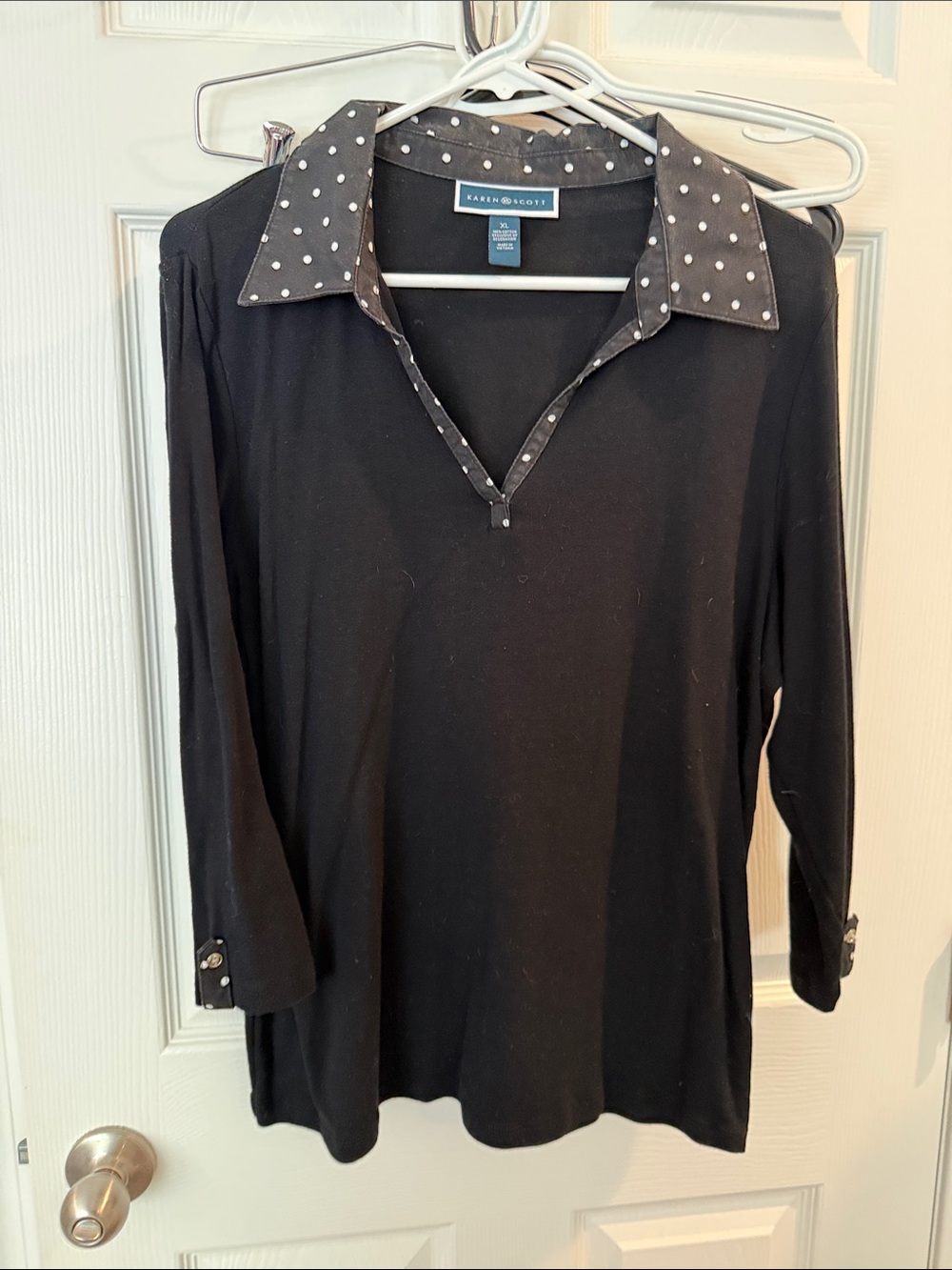 Karen Scott Black Long Sleeve Top with Polka Dot Collar